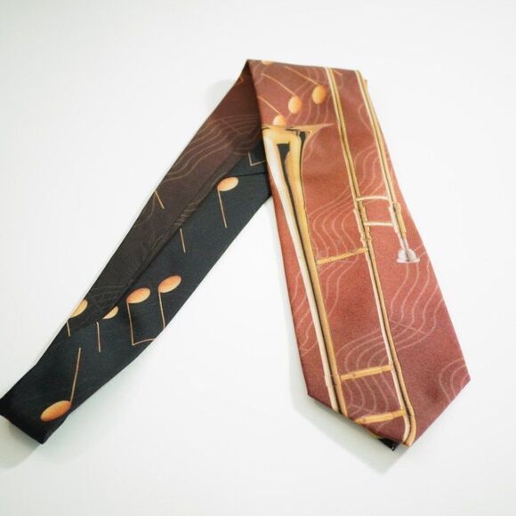 Ralph Marlin Trombone & Notes Brown Black Print Polyester Tie - Picture 8 of 8